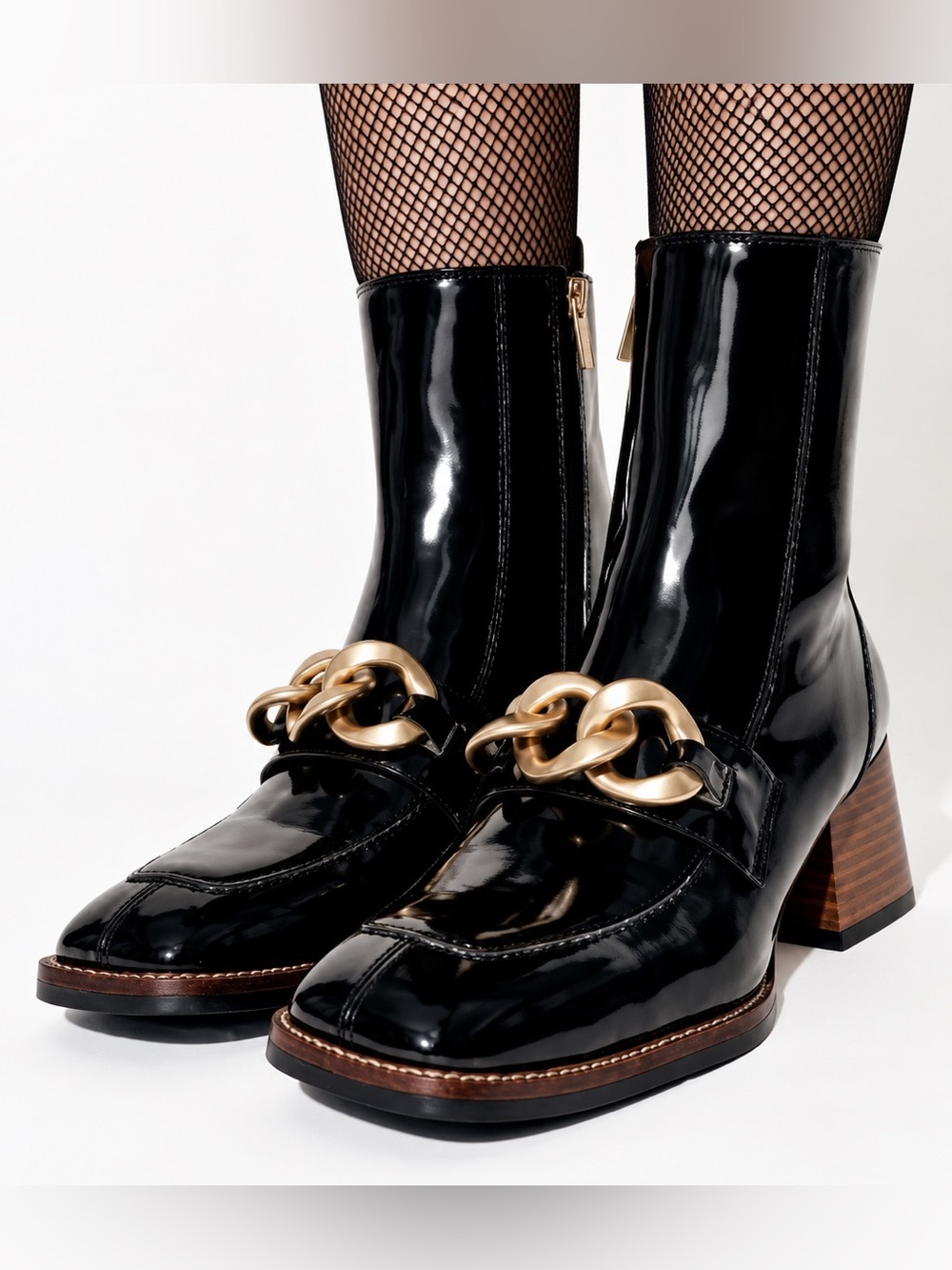 Steve Madden Loreen Black Patent Chain-Accent Ankle Boots Size 8